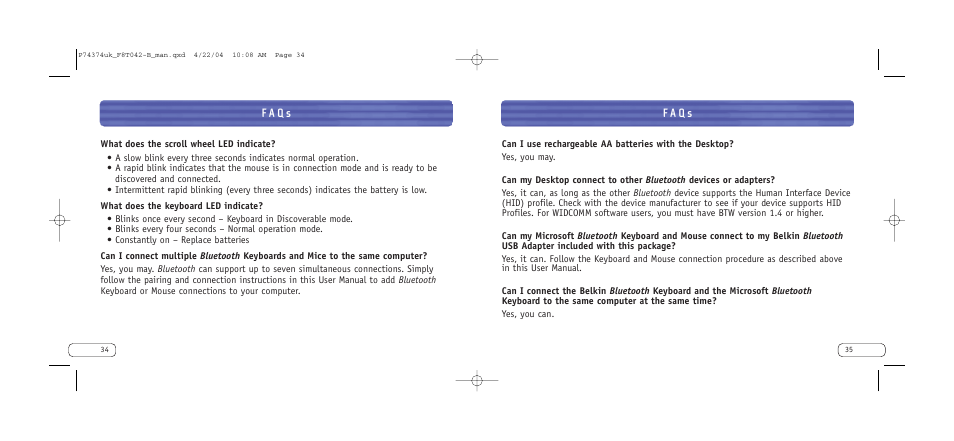F a q s | Belkin Bluetooth Wireless Desktop F8T042ukB User Manual | Page 19 / 23