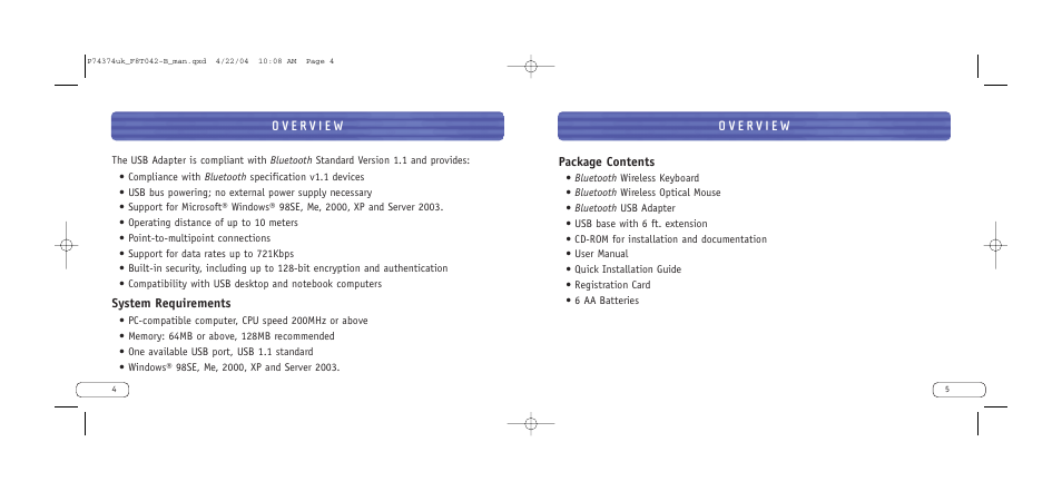 System requirements, Package contents | Belkin Bluetooth Wireless Desktop F8T042ukB User Manual | Page 4 / 23