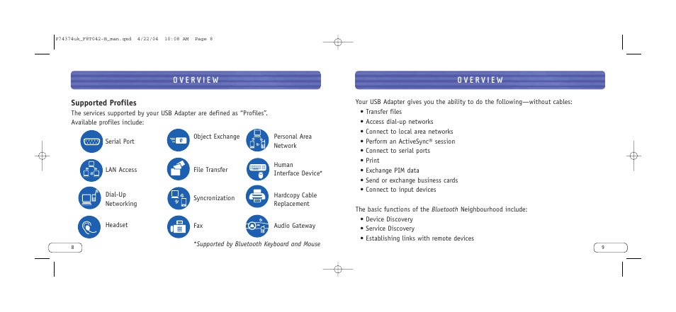 Supported profiles | Belkin Bluetooth Wireless Desktop F8T042ukB User Manual | Page 6 / 23