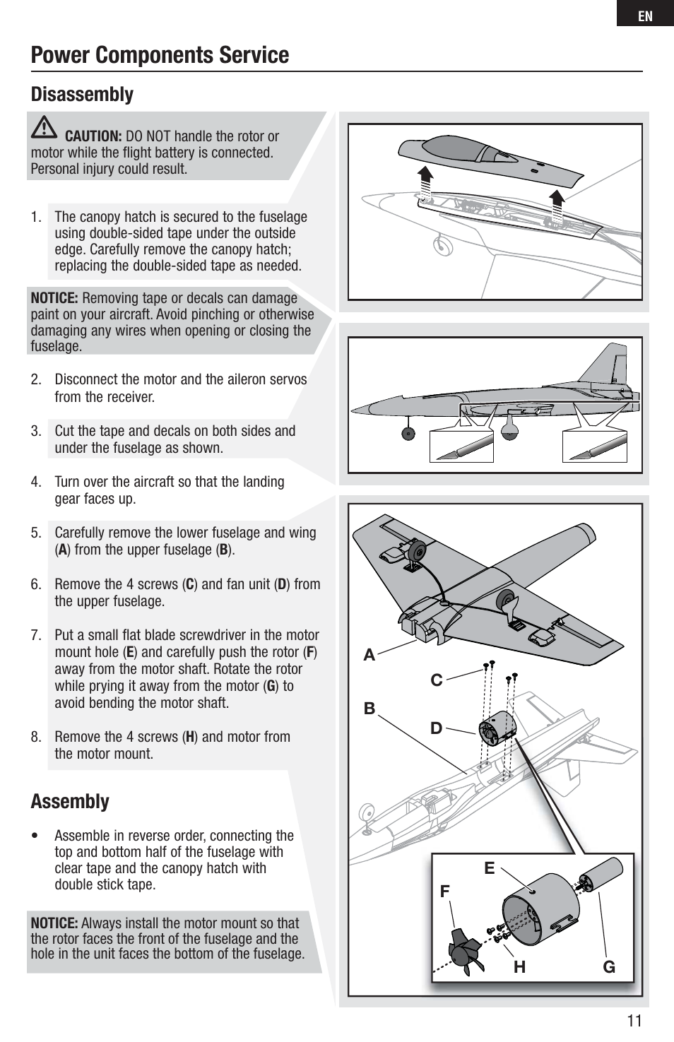 Power components service, Disassembly, Assembly | E-flite UMX Habu 180 DF BNF Basic with AS3X Technology User Manual | Page 11 / 18