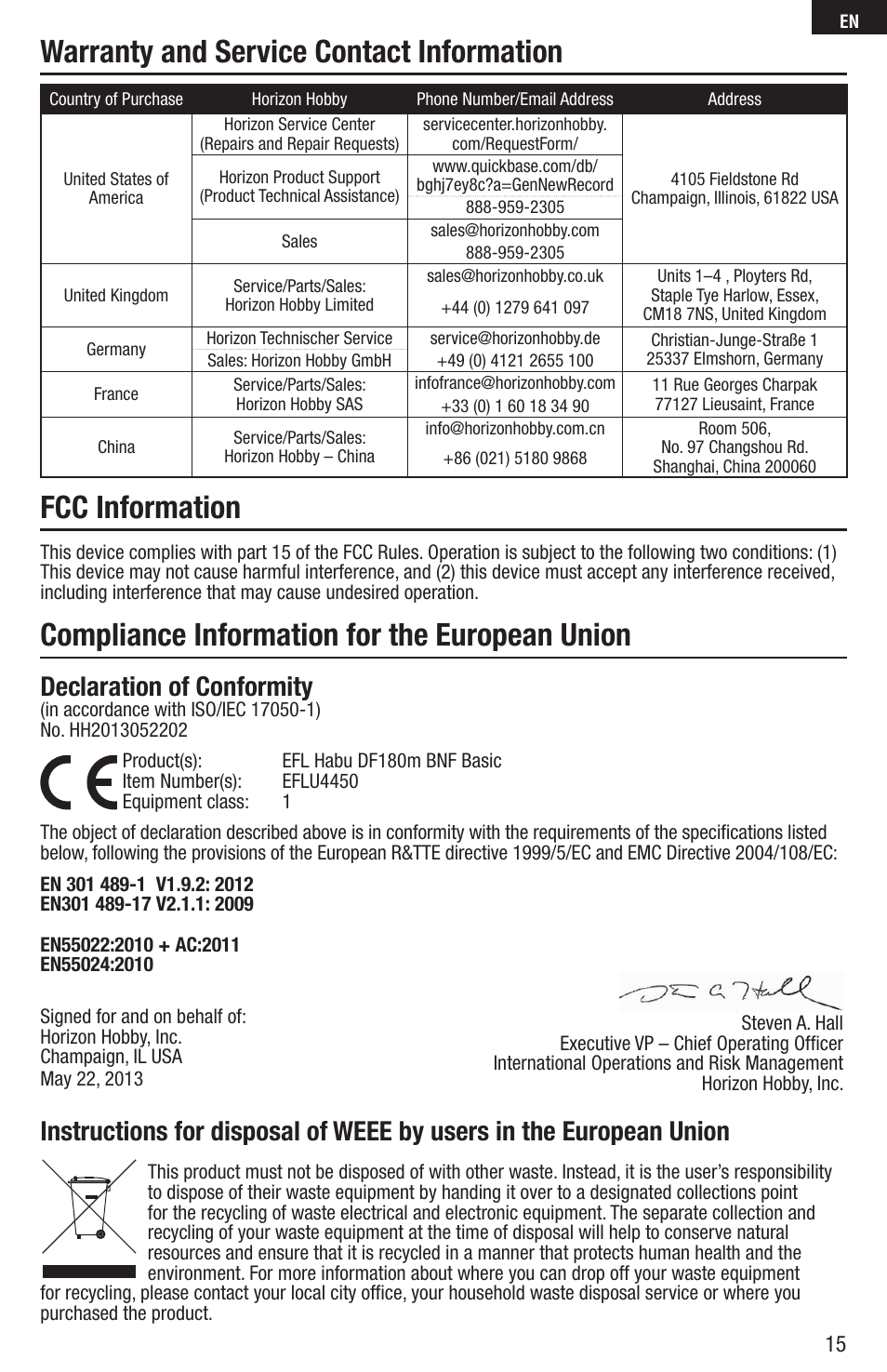 Compliance information for the european union, Warranty and service contact information, Fcc information | Declaration of conformity | E-flite UMX Habu 180 DF BNF Basic with AS3X Technology User Manual | Page 15 / 18