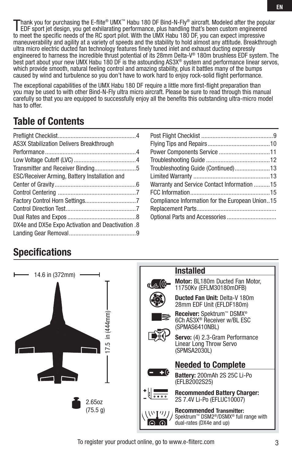 Table of contents speciﬁ cations, Installed, Needed to complete | E-flite UMX Habu 180 DF BNF Basic with AS3X Technology User Manual | Page 3 / 18
