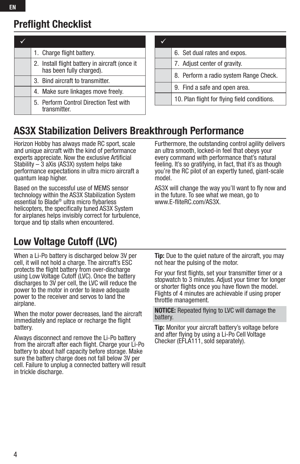 Low voltage cutoff (lvc) | E-flite UMX Habu 180 DF BNF Basic with AS3X Technology User Manual | Page 4 / 18
