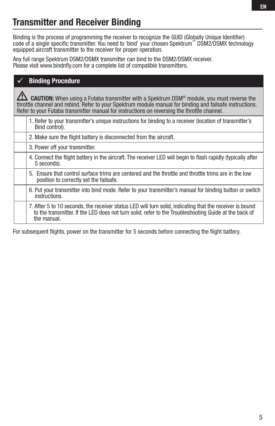 Transmitter and receiver binding | E-flite UMX Habu 180 DF BNF Basic with AS3X Technology User Manual | Page 5 / 18
