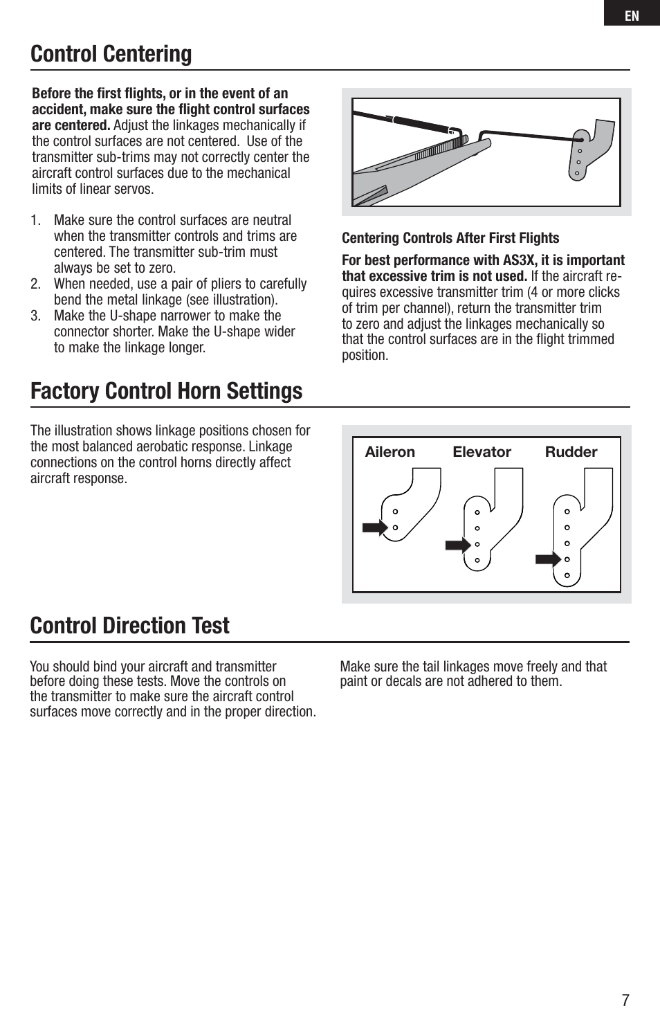 Control centering factory control horn settings, Control direction test | E-flite UMX Habu 180 DF BNF Basic with AS3X Technology User Manual | Page 7 / 18