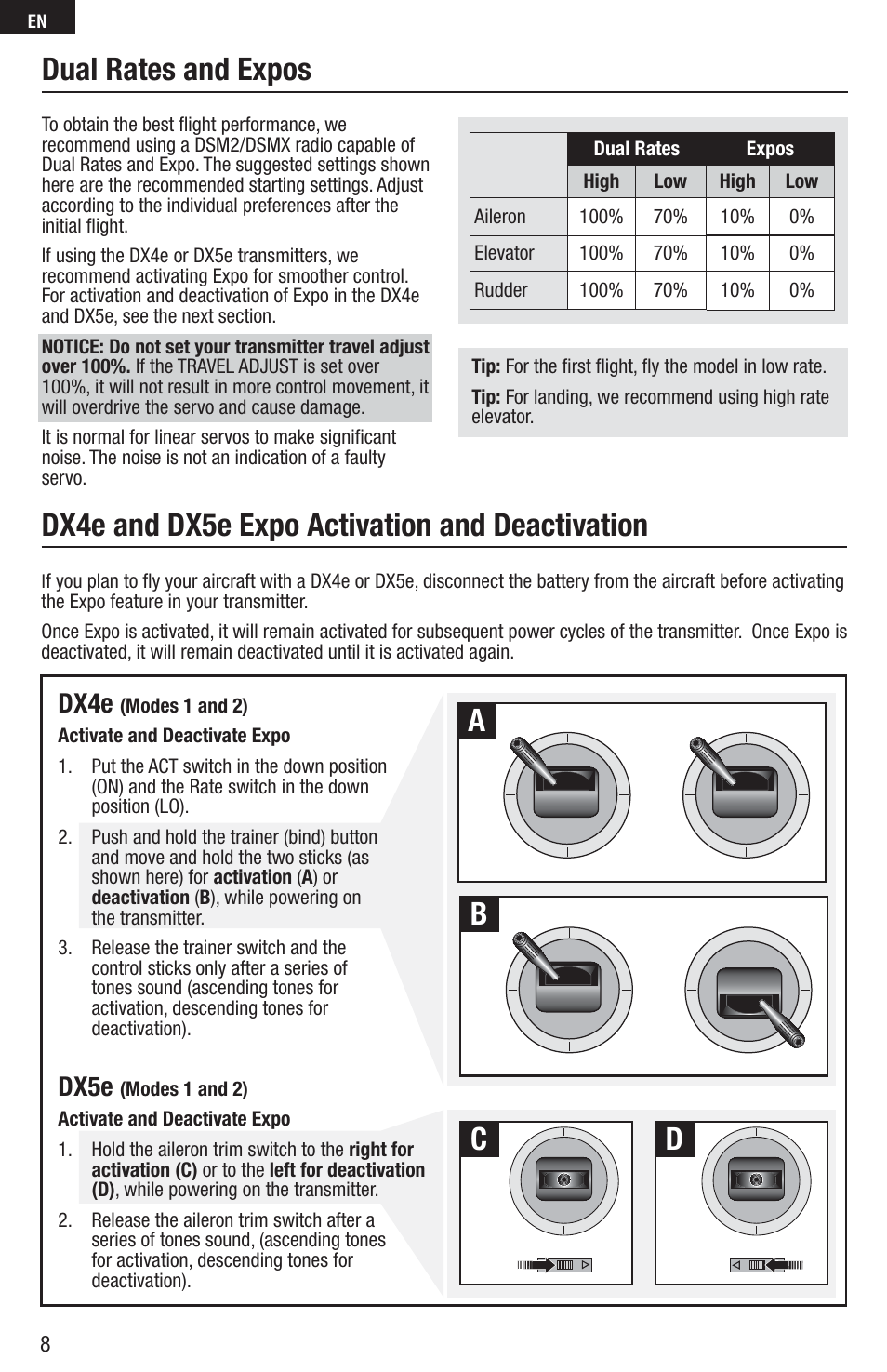 Dual rates and expos, Dx4e and dx5e expo activation and deactivation, Ab c d | Dx4e, Dx5e | E-flite UMX Habu 180 DF BNF Basic with AS3X Technology User Manual | Page 8 / 18