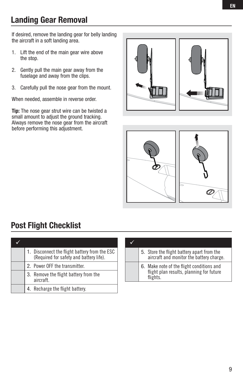 Post flight checklist, Landing gear removal | E-flite UMX Habu 180 DF BNF Basic with AS3X Technology User Manual | Page 9 / 18