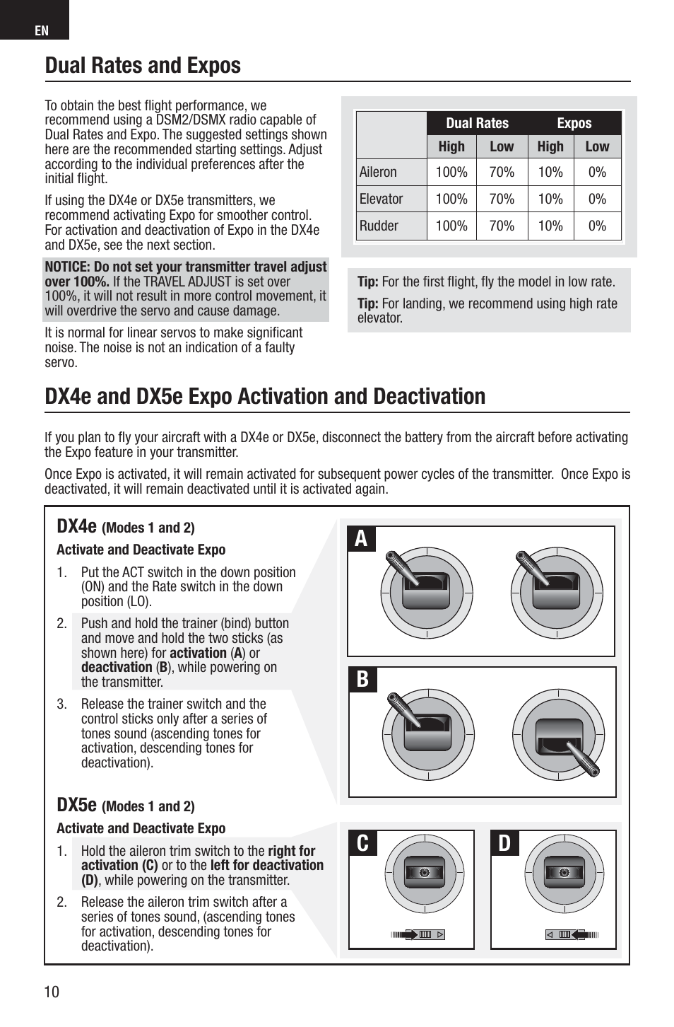 Dual rates and expos, Dx4e and dx5e expo activation and deactivation, Ab c d | Dx4e, Dx5e | E-flite UMX Habu S DF180m BNF User Manual | Page 10 / 19