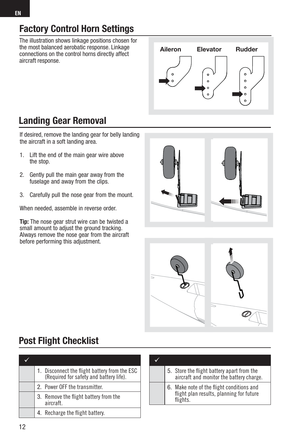 Factory control horn settings, Post flight checklist, Landing gear removal | E-flite UMX Habu S DF180m BNF User Manual | Page 12 / 19