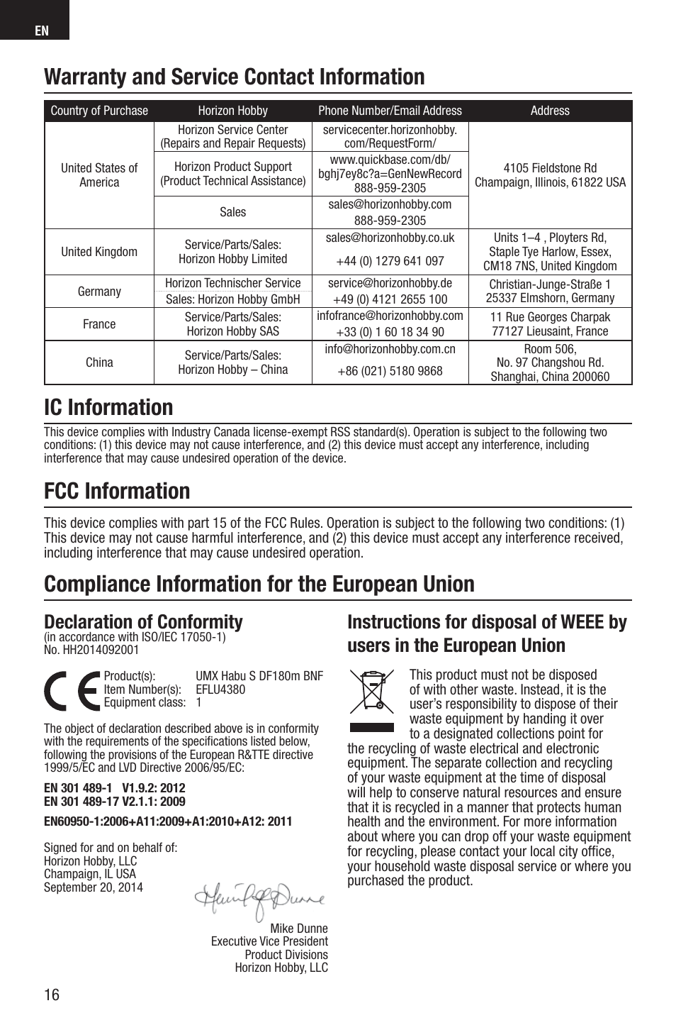 Compliance information for the european union, Warranty and service contact information, Fcc information | Ic information, Declaration of conformity | E-flite UMX Habu S DF180m BNF User Manual | Page 16 / 19