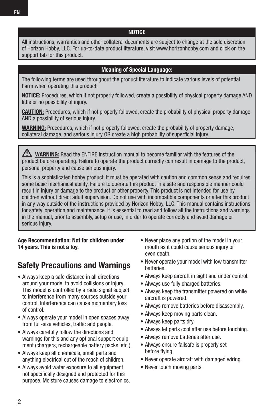 Safety precautions and warnings | E-flite UMX Habu S DF180m BNF User Manual | Page 2 / 19