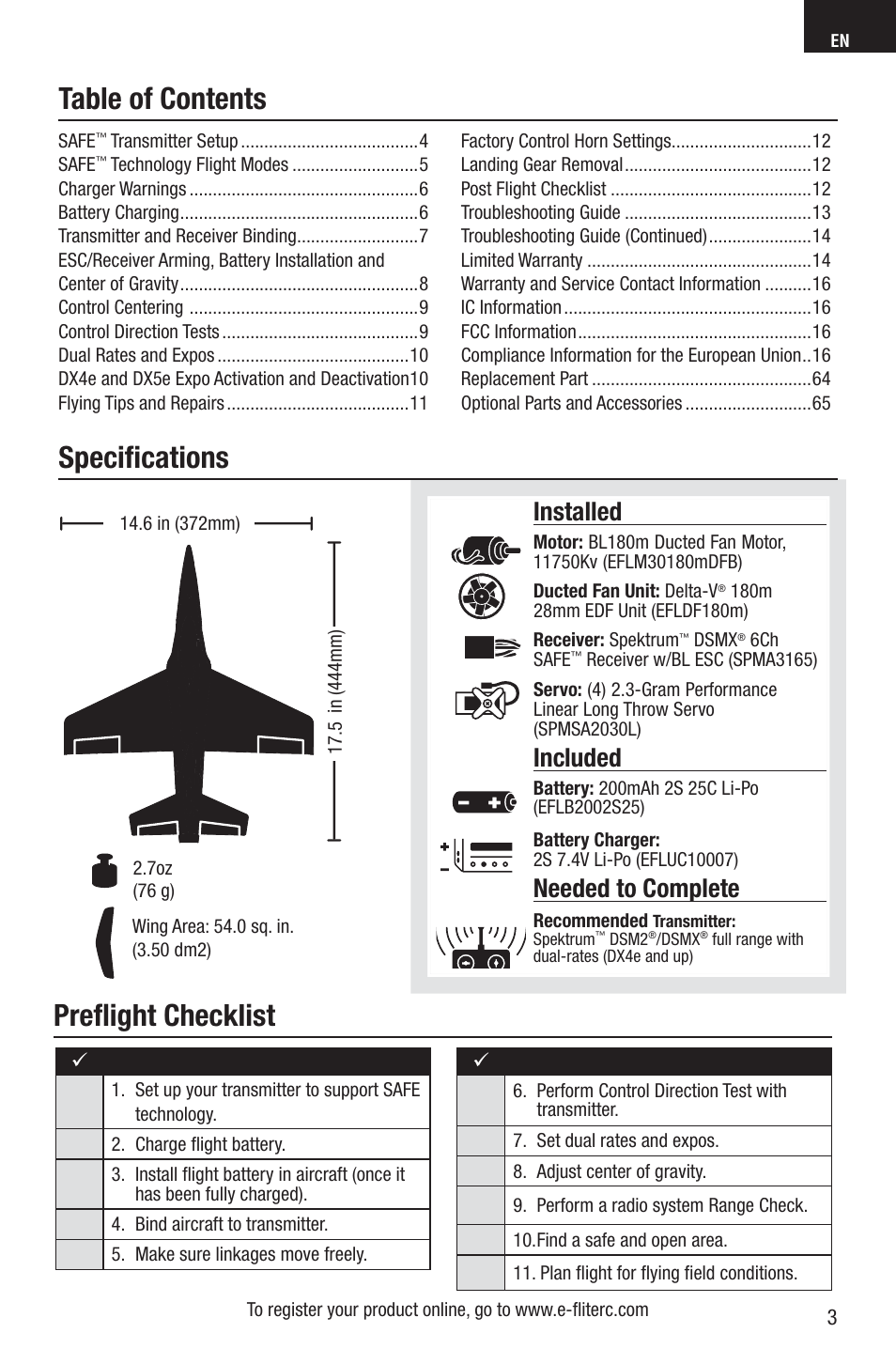 Table of contents speciﬁ cations, Preﬂ ight checklist, Installed | Included, Needed to complete | E-flite UMX Habu S DF180m BNF User Manual | Page 3 / 19