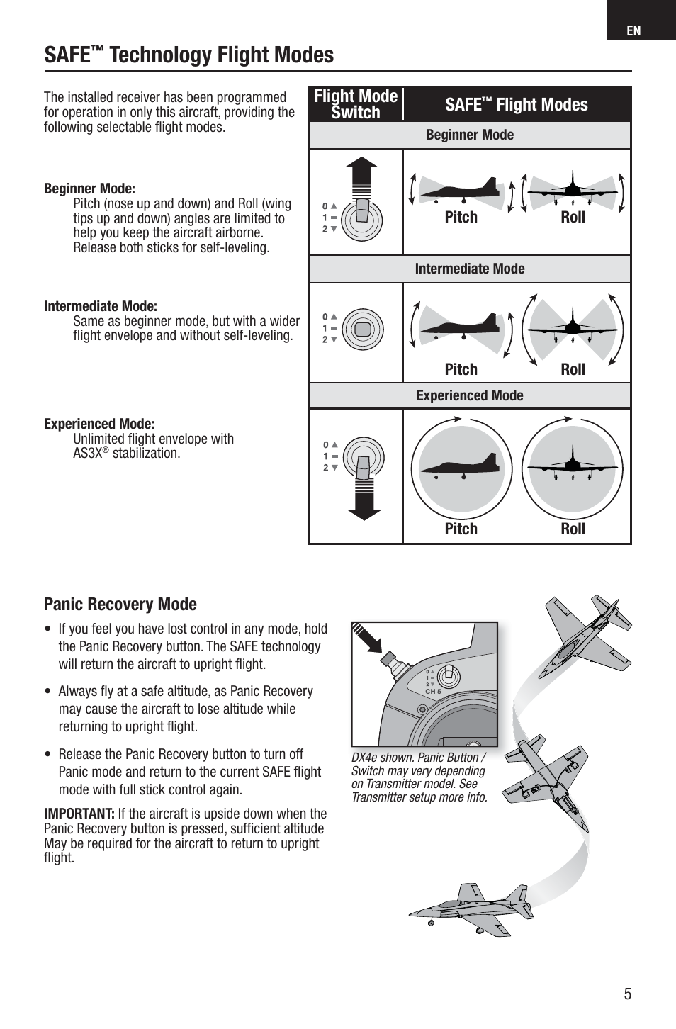 Safe, Technology flight modes, Panic recovery mode | Flight mode switch safe, Flight modes | E-flite UMX Habu S DF180m BNF User Manual | Page 5 / 19
