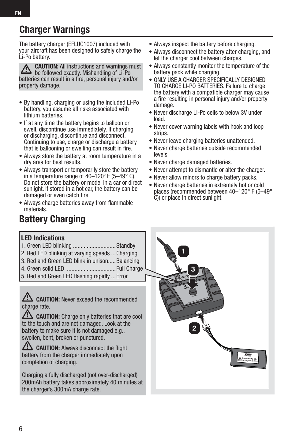 Charger warnings, Battery charging | E-flite UMX Habu S DF180m BNF User Manual | Page 6 / 19