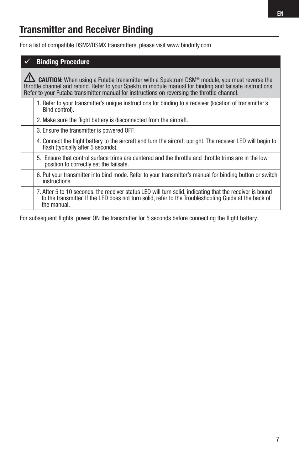 Transmitter and receiver binding | E-flite UMX Habu S DF180m BNF User Manual | Page 7 / 19