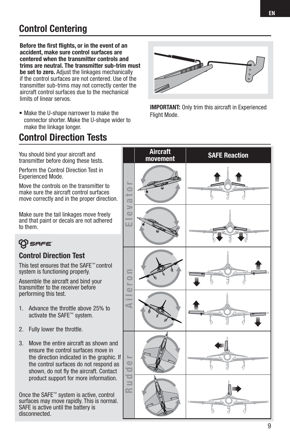 Control centering control direction tests, Elev ator aileron rudder | E-flite UMX Habu S DF180m BNF User Manual | Page 9 / 19