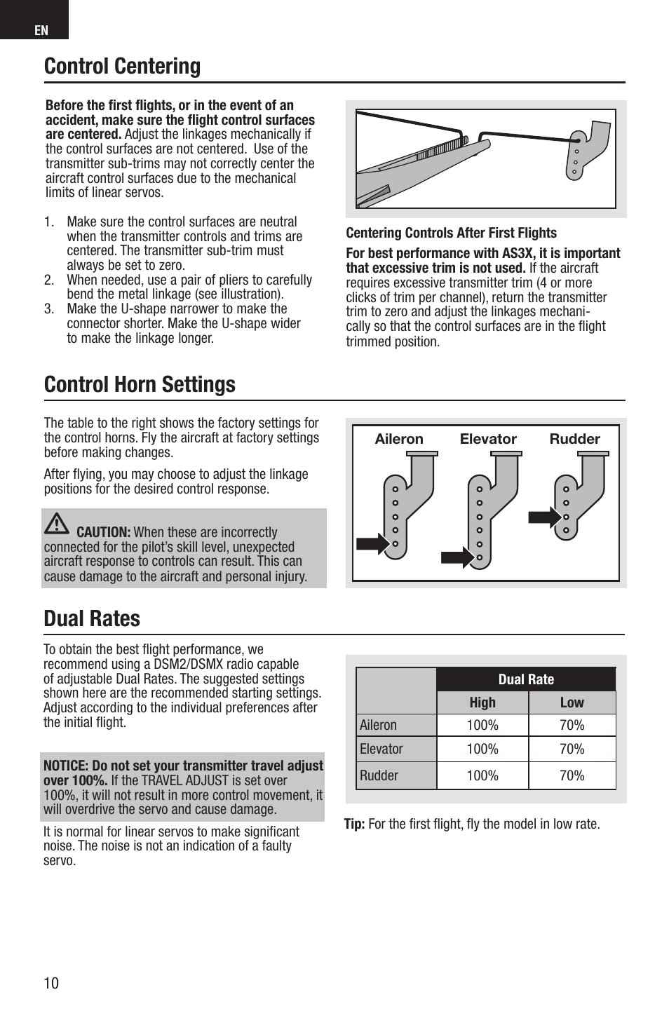 Control centering control horn settings, Dual rates | E-flite UMX F4U Corsair RTF with AS3X User Manual | Page 10 / 22