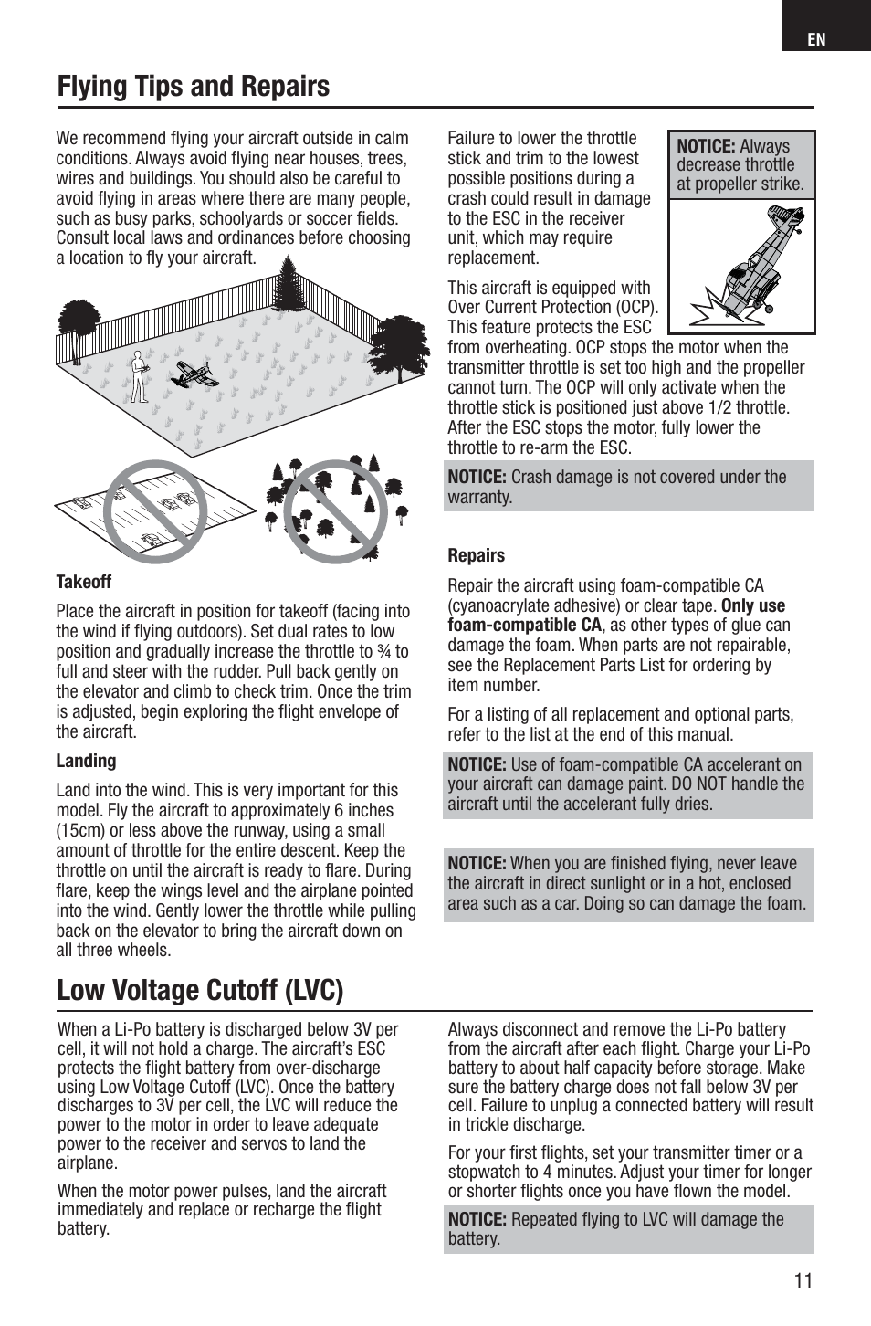 Flying tips and repairs, Low voltage cutoff (lvc) | E-flite UMX F4U Corsair RTF with AS3X User Manual | Page 11 / 22