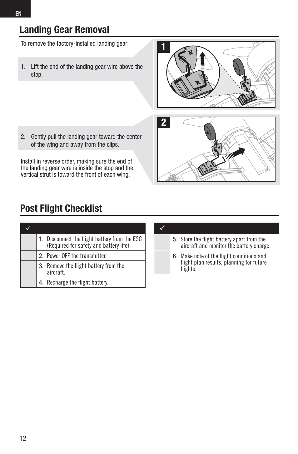 12 landing gear removal post flight checklist | E-flite UMX F4U Corsair RTF with AS3X User Manual | Page 12 / 22