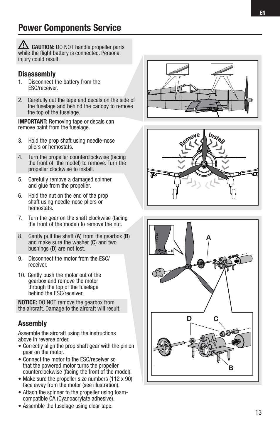 Power components service, Disassembly, Assembly | E-flite UMX F4U Corsair RTF with AS3X User Manual | Page 13 / 22