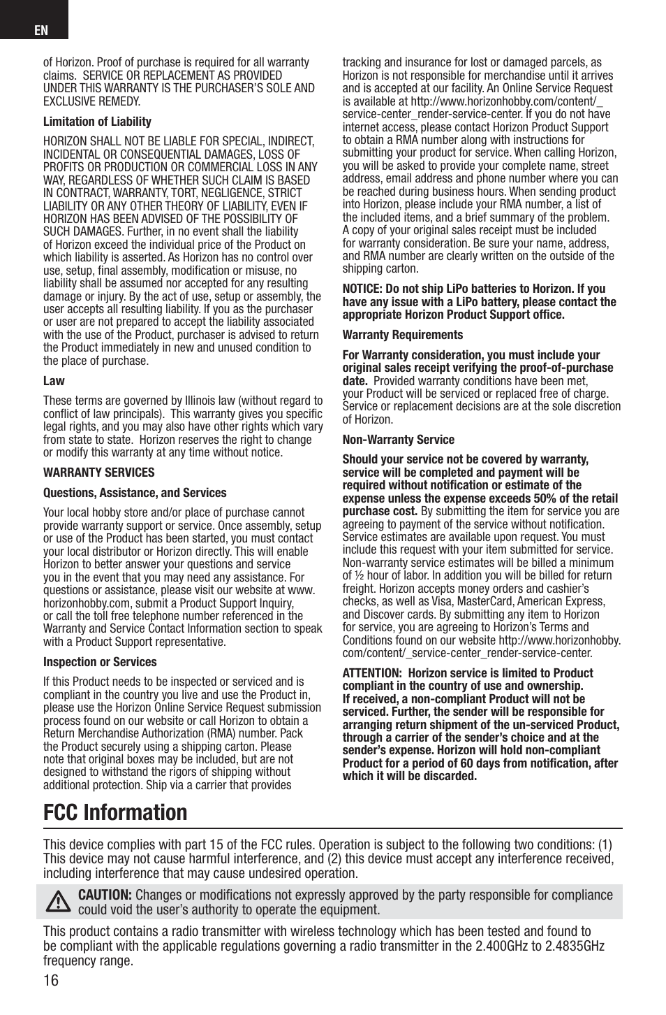 Fcc information | E-flite UMX F4U Corsair RTF with AS3X User Manual | Page 16 / 22