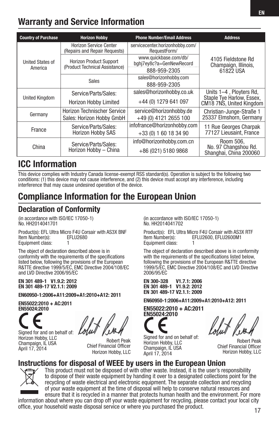 Compliance information for the european union, Warranty and service information, Icc information | Declaration of conformity | E-flite UMX F4U Corsair RTF with AS3X User Manual | Page 17 / 22