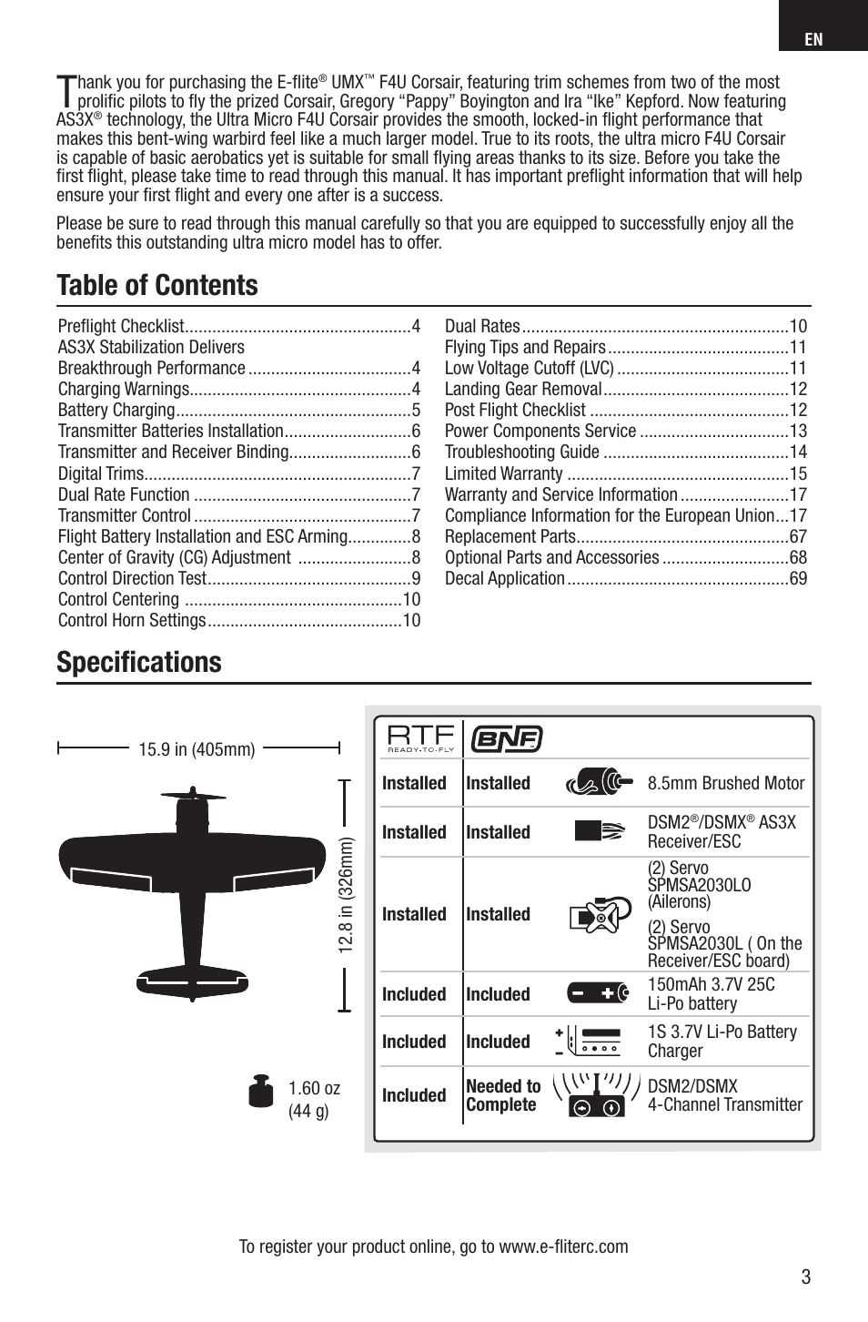 Table of contents speciﬁ cations | E-flite UMX F4U Corsair RTF with AS3X User Manual | Page 3 / 22