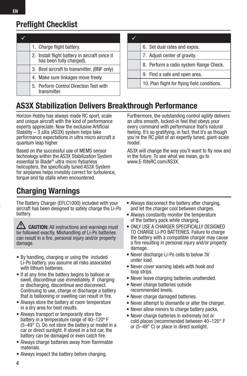 Charging warnings | E-flite UMX F4U Corsair RTF with AS3X User Manual | Page 4 / 22