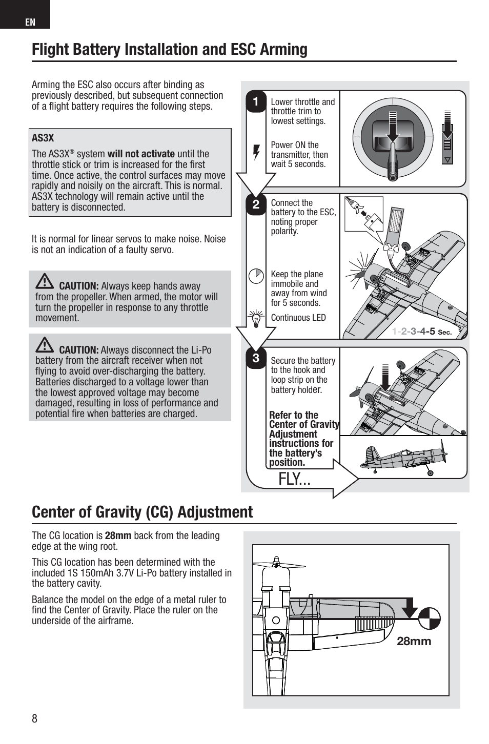 Flight battery installation and esc arming, Center of gravity (cg) adjustment | E-flite UMX F4U Corsair RTF with AS3X User Manual | Page 8 / 22