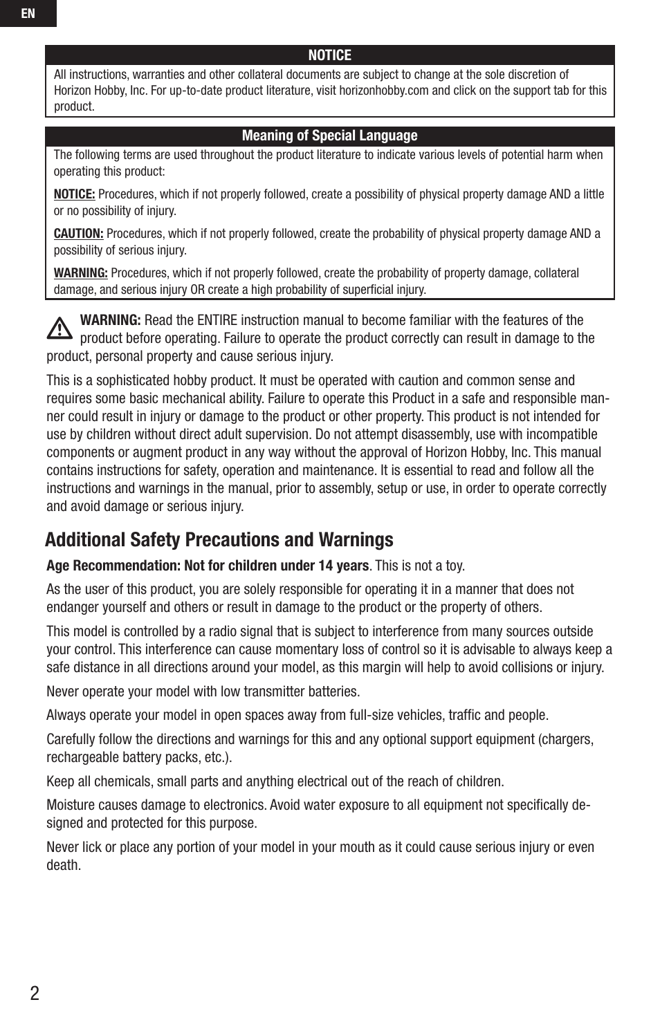 Additional safety precautions and warnings | E-flite UMX Extra 300 3D BNF User Manual | Page 2 / 14