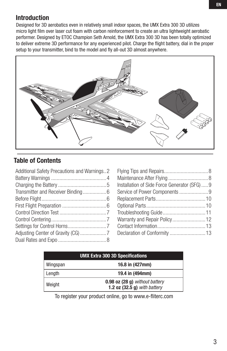 Table of contents introduction | E-flite UMX Extra 300 3D BNF User Manual | Page 3 / 14