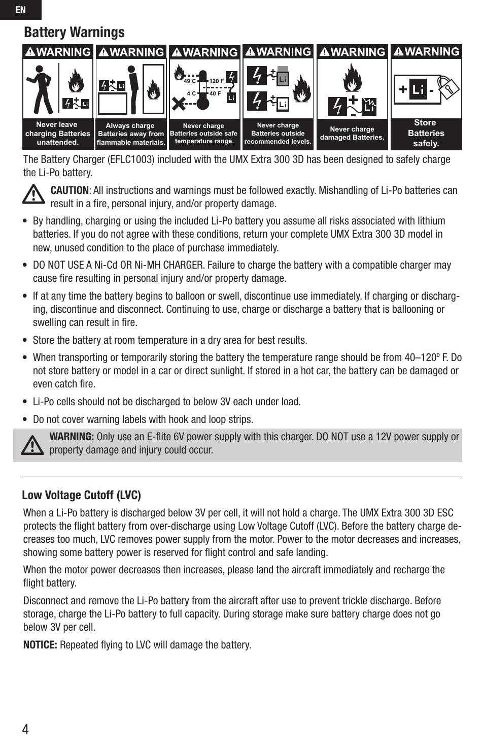 Battery warnings, Low voltage cutoff (lvc) | E-flite UMX Extra 300 3D BNF User Manual | Page 4 / 14