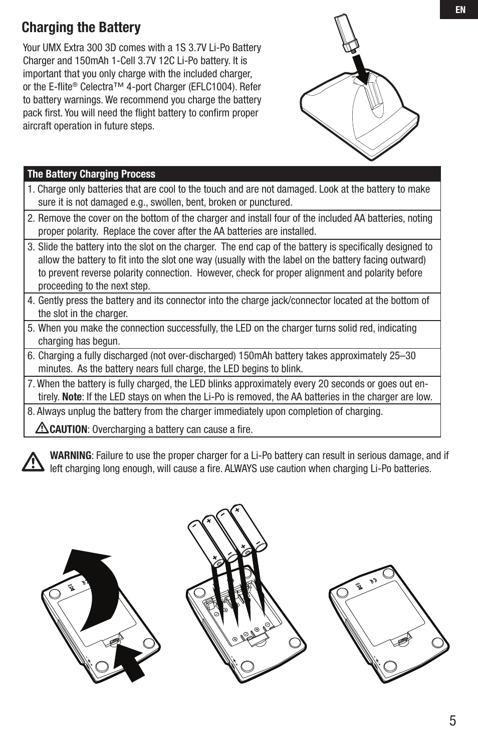Charging the battery | E-flite UMX Extra 300 3D BNF User Manual | Page 5 / 14