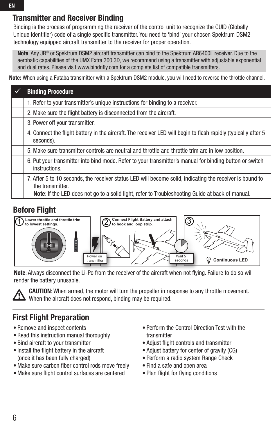 Transmitter and receiver binding, Before flight first flight preparation | E-flite UMX Extra 300 3D BNF User Manual | Page 6 / 14