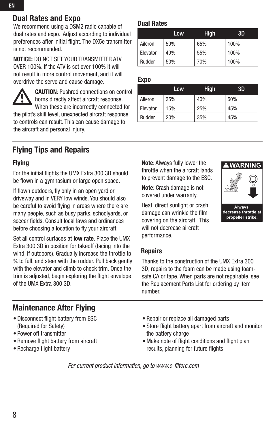 Dual rates and expo, Flying tips and repairs maintenance after flying, Flying | Repairs, Dual rates expo | E-flite UMX Extra 300 3D BNF User Manual | Page 8 / 14