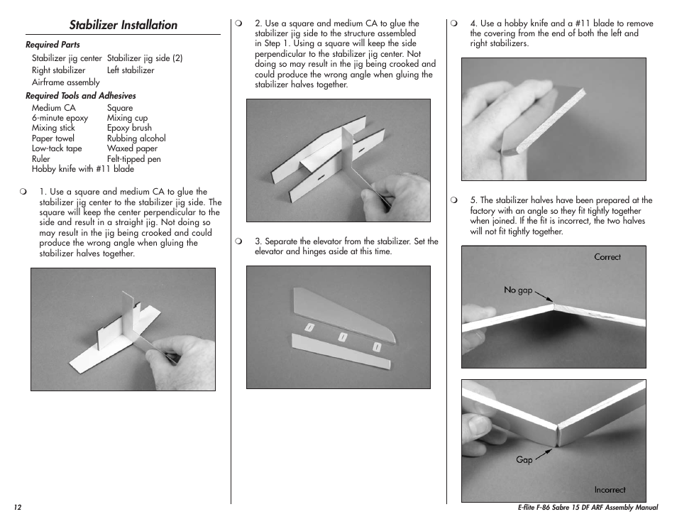 Stabilizer installation | E-flite F-86 Sabre 15 DF ARF User Manual | Page 12 / 44