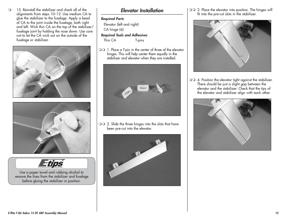 Elevator installation | E-flite F-86 Sabre 15 DF ARF User Manual | Page 15 / 44