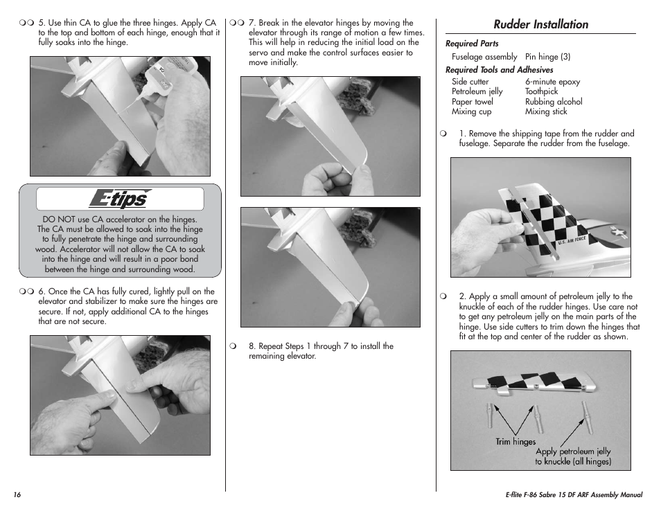 Rudder installation | E-flite F-86 Sabre 15 DF ARF User Manual | Page 16 / 44