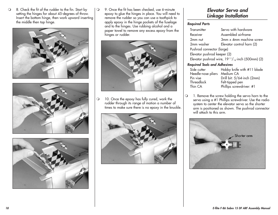 Elevator servo and linkage installation | E-flite F-86 Sabre 15 DF ARF User Manual | Page 18 / 44