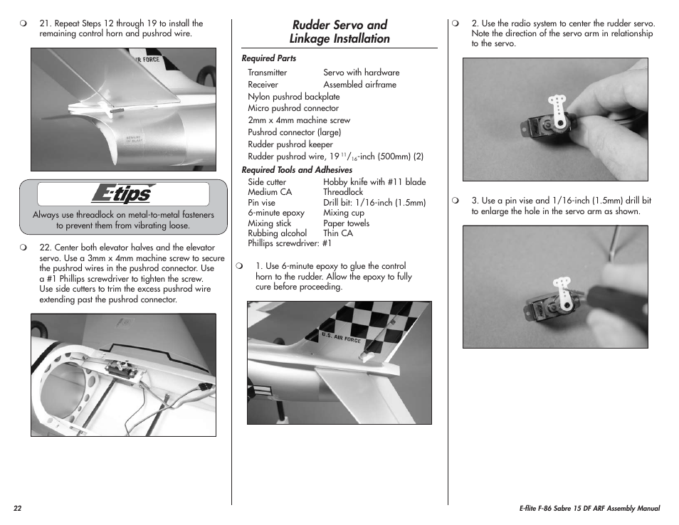 Rudder servo and linkage installation | E-flite F-86 Sabre 15 DF ARF User Manual | Page 22 / 44