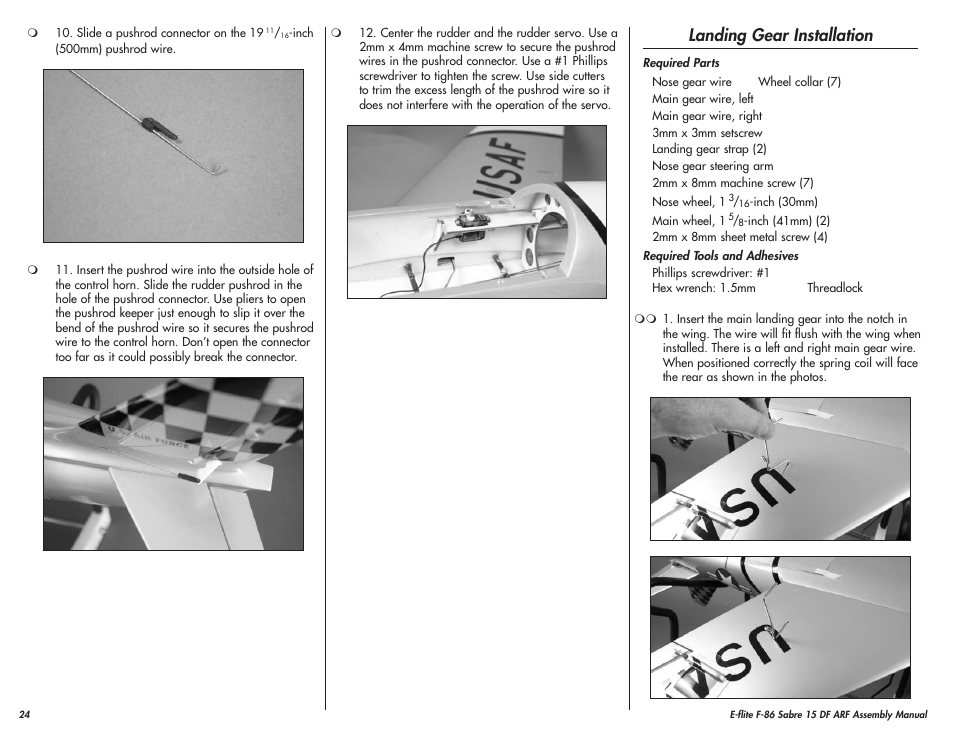 Landing gear installation | E-flite F-86 Sabre 15 DF ARF User Manual | Page 24 / 44