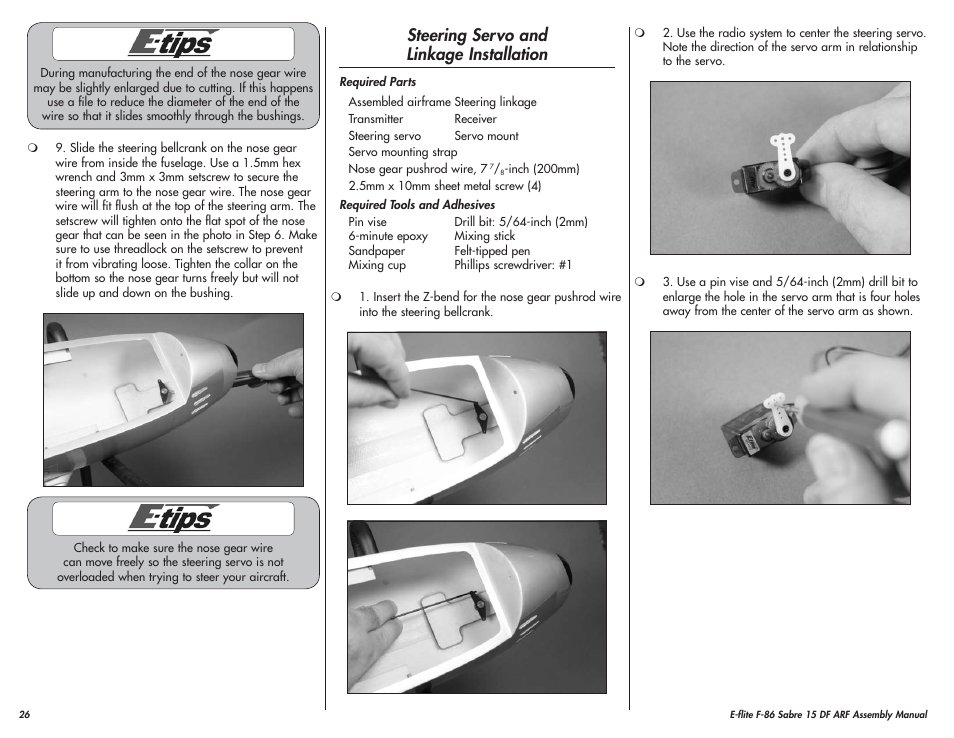 Steering servo and linkage installation | E-flite F-86 Sabre 15 DF ARF User Manual | Page 26 / 44