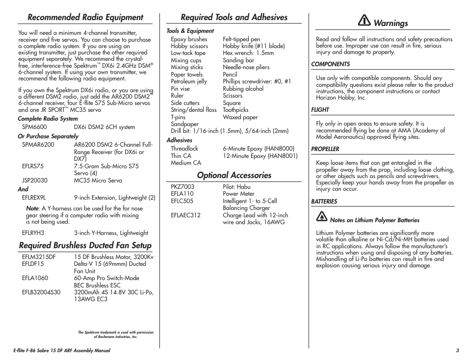 Recommended radio equipment, Required brushless ducted fan setup, Required tools and adhesives | Optional accessories, Warnings | E-flite F-86 Sabre 15 DF ARF User Manual | Page 3 / 44