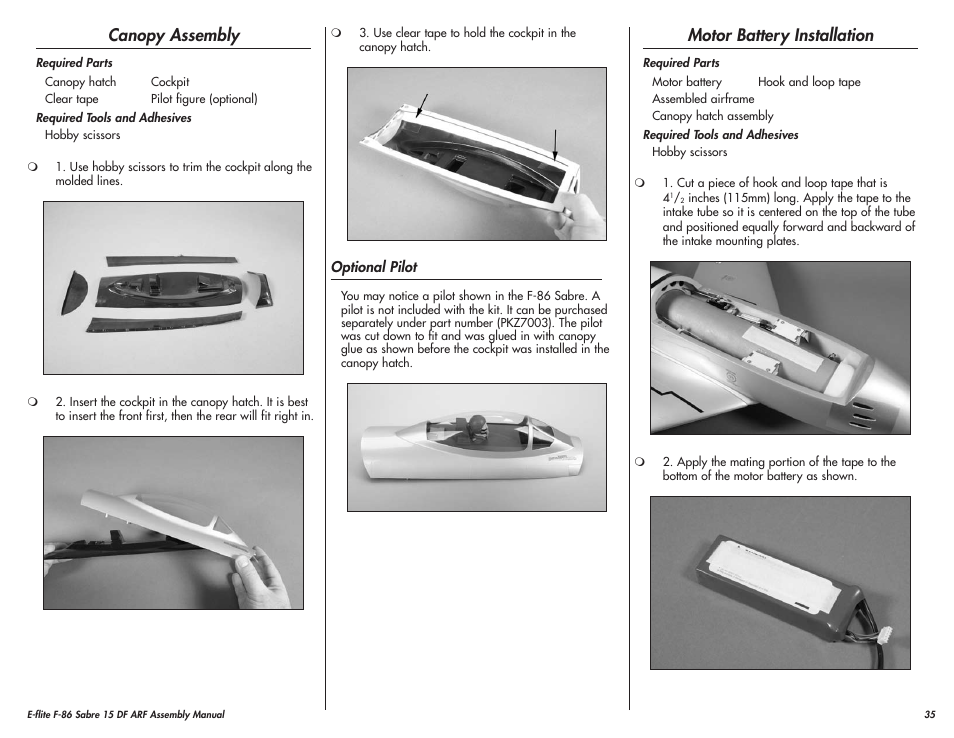 Canopy assembly, Motor battery installation | E-flite F-86 Sabre 15 DF ARF User Manual | Page 35 / 44