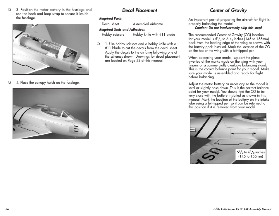 Decal placement, Center of gravity | E-flite F-86 Sabre 15 DF ARF User Manual | Page 36 / 44