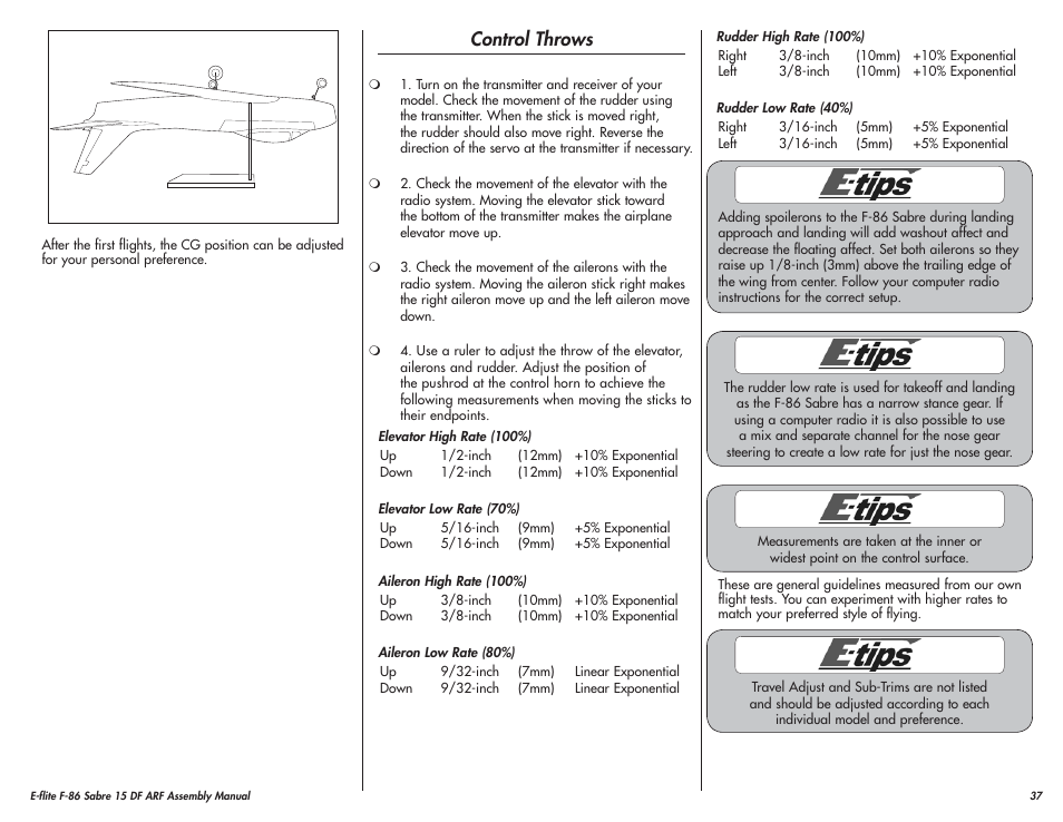 Control throws | E-flite F-86 Sabre 15 DF ARF User Manual | Page 37 / 44