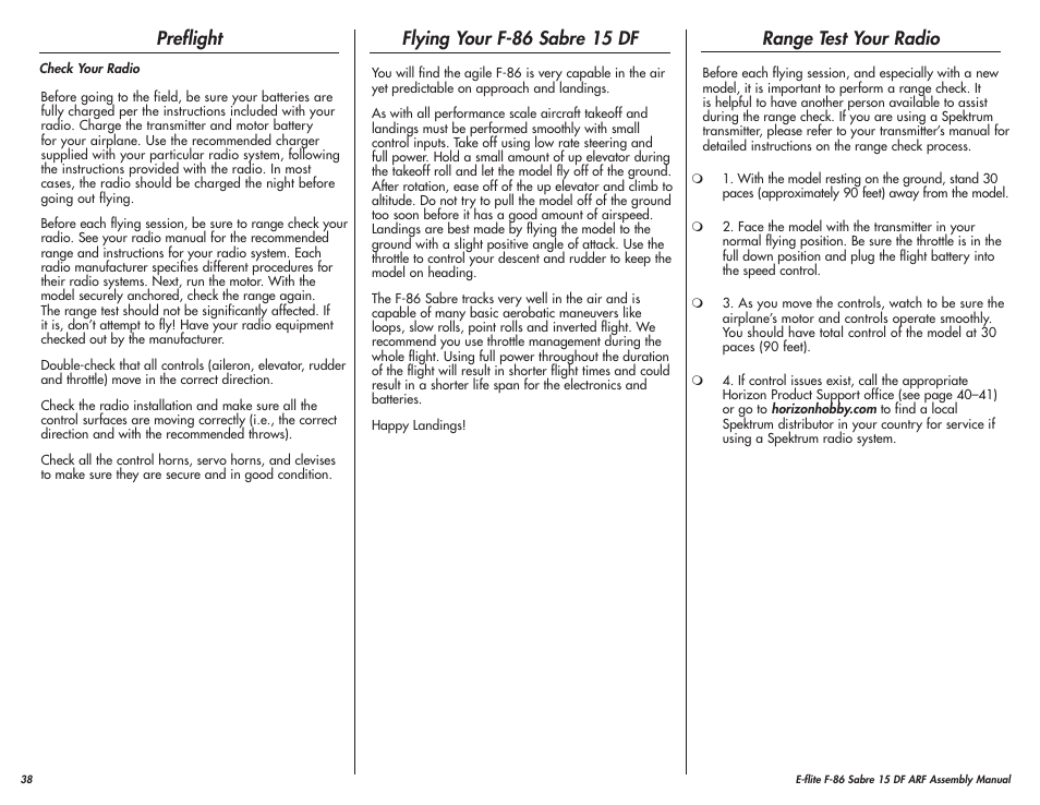 Preflight, Flying your f-86 sabre 15 df, Range test your radio | E-flite F-86 Sabre 15 DF ARF User Manual | Page 38 / 44