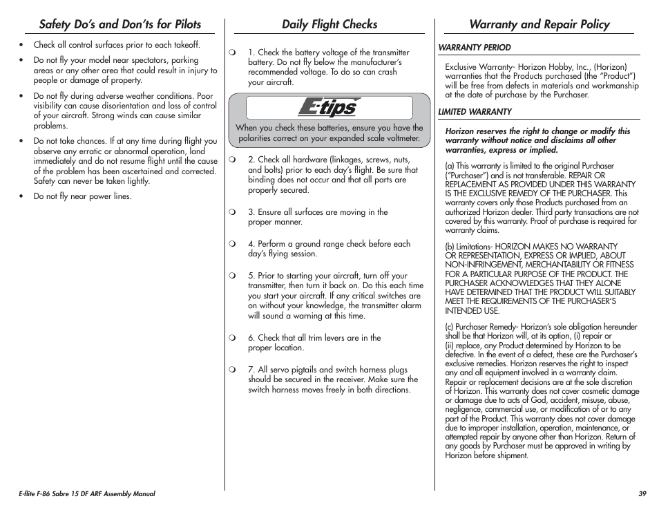 Safety do’s and don’ts for pilots, Daily flight checks, Warranty and repair policy | E-flite F-86 Sabre 15 DF ARF User Manual | Page 39 / 44