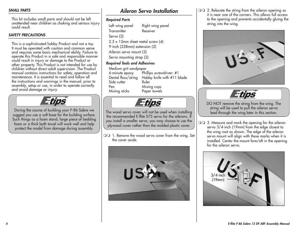 Aileron servo installation | E-flite F-86 Sabre 15 DF ARF User Manual | Page 4 / 44