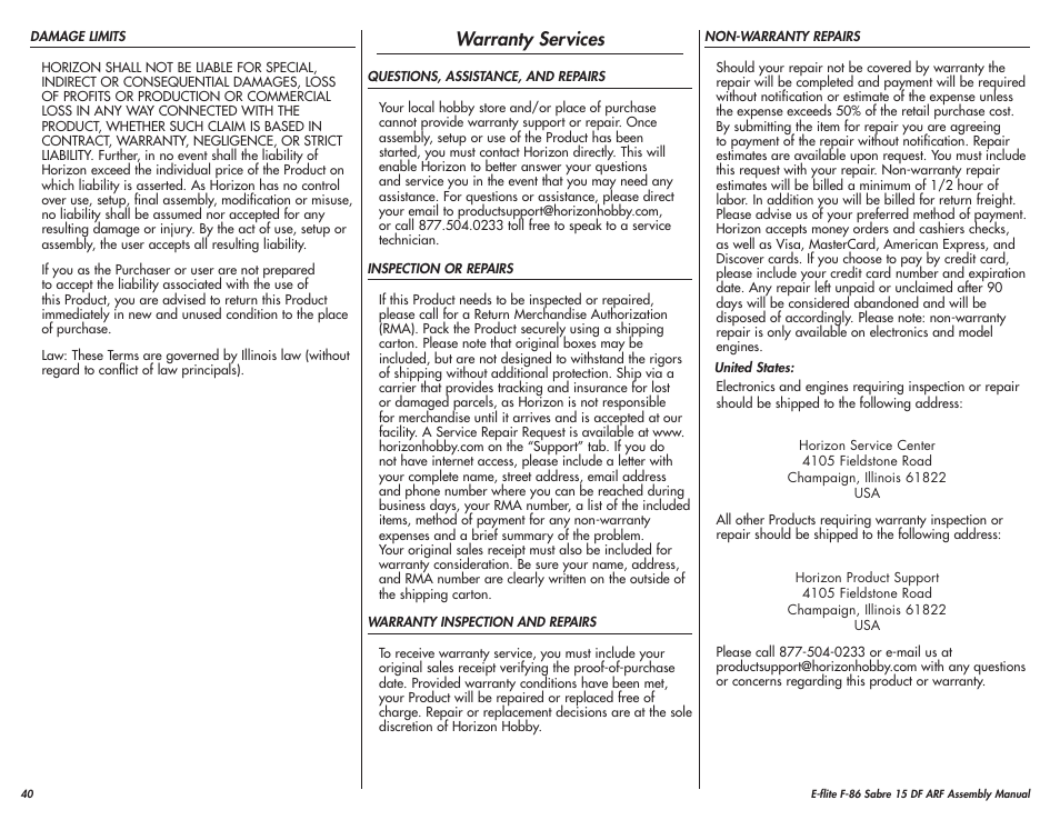 Warranty services | E-flite F-86 Sabre 15 DF ARF User Manual | Page 40 / 44